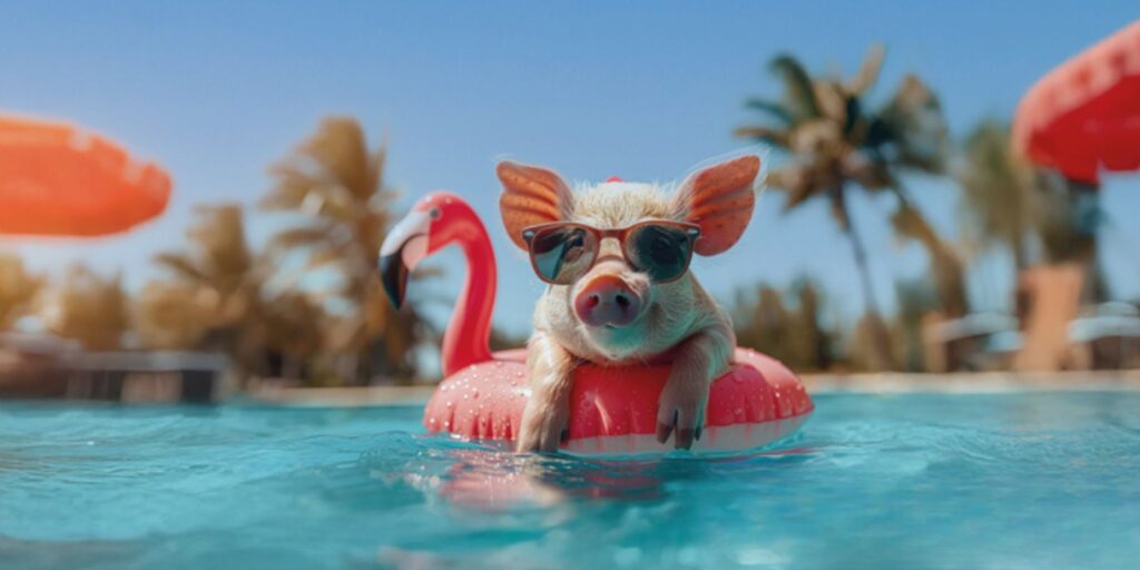 Ein Schwein trägt Sonnenbrille und schwimmt auf einem Flamingo-Schwimmring im Pool