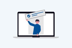 Illustration einer Person am Monitor die einen Banner hält