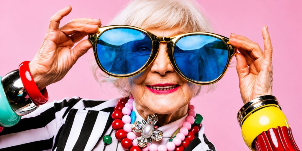 Ältere Frau mit weißen Haaren hält eine übergroße Sonnenbrille mit blauen Gläsern vor ihr Gesicht. Sie trägt eine schwarz-weiß gestreifte Jacke, bunte Schmuckketten und auffällige Armreifen. Der rosa Hintergrund und die farbenfrohen Accessoires vermitteln einen fröhlichen, modernen und selbstbewussten Eindruck.